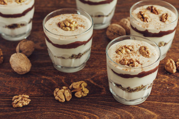 Homemade dessert with curd, walnut and chocolate