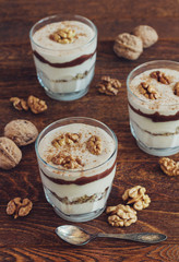 Homemade dessert with curd, walnut and chocolate