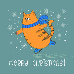Merry Christmas greeting card template with cute skating cat. Winter background. Vector illustration.
