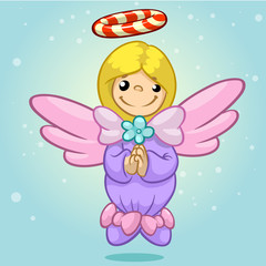 Vector illustration cute Christmas flying angel character with candy nimbus