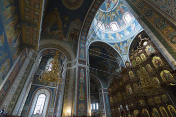 Fototapeta na wymiar The interior with vaulted ceiling of Cathedral St. Alexander Nevsky in Nizhny Novgorod, Russia. 19th century