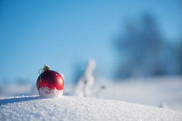 red christmas ball in fresh snow