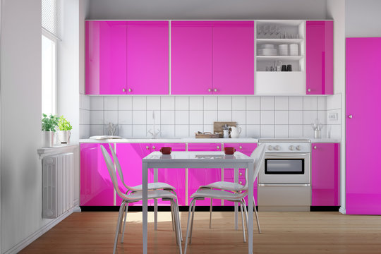 Küche mit Küchenzeile in pink
