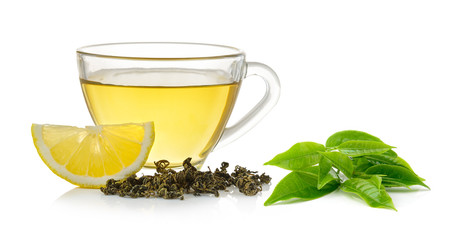 glass of lemon tea on white background