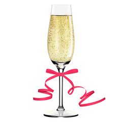 Glass of champagne with ribbon. Merry Christmas and Happy New Year concept. Vector Illustration
