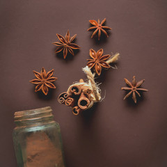 Cinnamon sticks and anise star near old rustic jar which is scattered cinnamon powder on brown, blured background. Shallow depth of field.