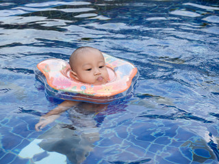Fototapeta na wymiar little boy in the swimming pool in hot day