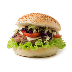 Sandwich hamburger with juicy burgers, cheese and mix of cabbage