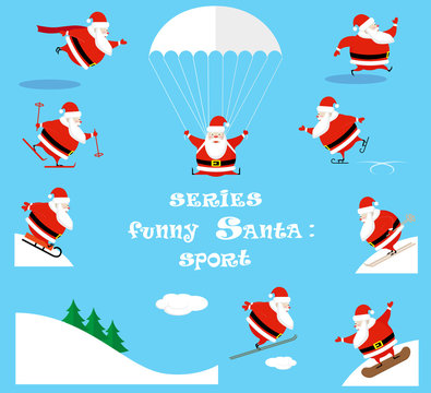 Vector set design elements funny sportsman Santa Claus different character isolated on blue background