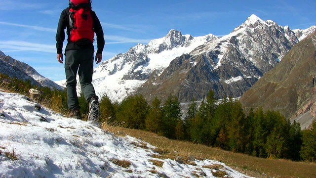 Back view of a young male hiker while observing a high mountain panorama, Val Veny, south face of Mont Blanc Massif, Italy.