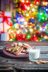 Freshly baked gingerbread cookies with milk for Christmas