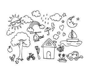 Vector set of Hand drawn sketch doodles in children or baby draw concept