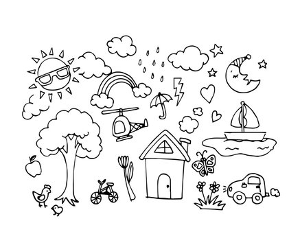 Vector set of Hand drawn sketch doodles in children or baby draw concept