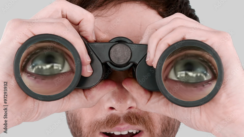 Poster man looking through binoculars