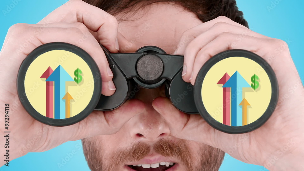 Poster man looking through binoculars