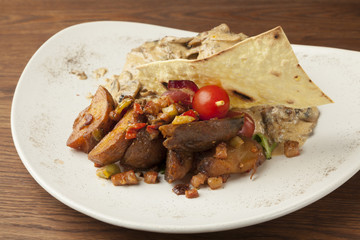 pork in mushroom sauce with baked potato