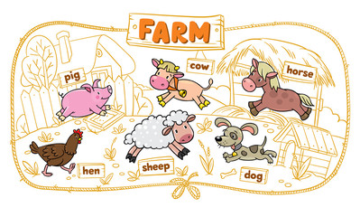 Obraz premium Farm animals set. Children illustration with funny farm animals, sheep and pig, chicken and dog, horse and cow in the courtyard with monochrome coloring book background
