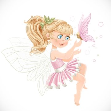 Sweet girl fairy in a pink tutu holding a large butterfly on the finger isolated on a white background