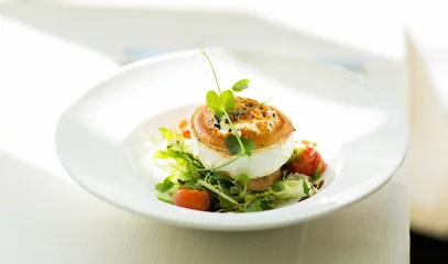 Printed roller blinds meal dishes close up of halloumi cheese salad at restaurant