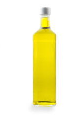 Eine Flasche mit Olivenöl, freigestellt