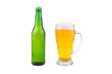 Glass, pint and bottles of beer isolated