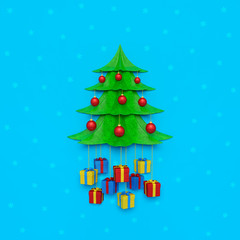 Christmas tree with red balls and gift boxes (holiday background)