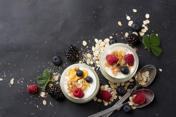 Fototapeta na wymiar Yogurt with granola or muesli