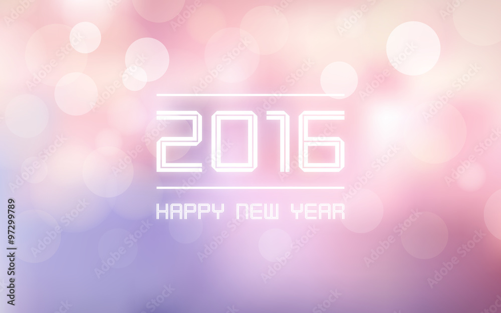 Wall mural happy new year 2016 in bokeh and lens flare pattern on rose quartz and serenity color background (ve
