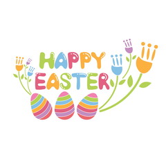 Concept  Happy Easter illustration with flowers and eggs. Vector