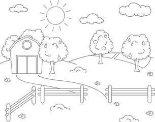 Rural landscape with barn, corral, fields and fruit trees. Color