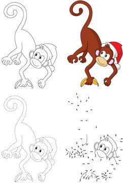 Cartoon Christmas monkey. Vector illustration. Dot to dot game f