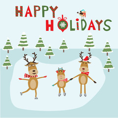 Reindeer family ice skating happy holiday banner vector. illustr