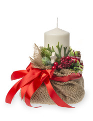 Christmas decoration - bag with candle, berries and ribbon isolated.