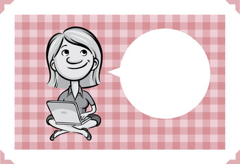 Valentine greeting card with happy woman sitting with laptop
