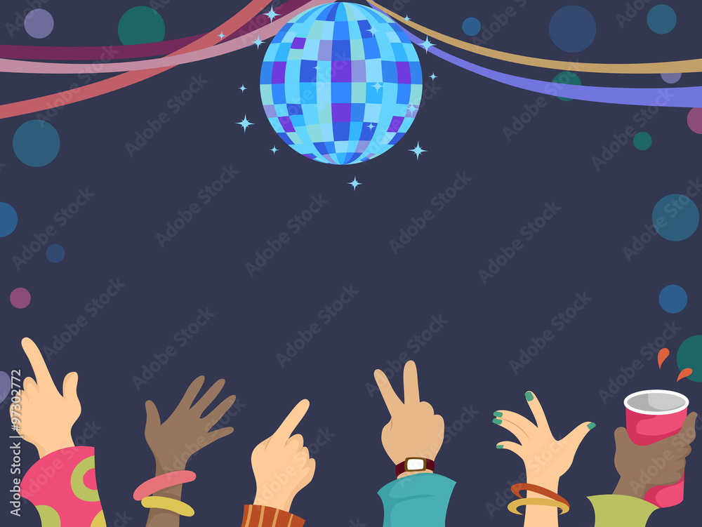 Poster hands retro party frame disco ball