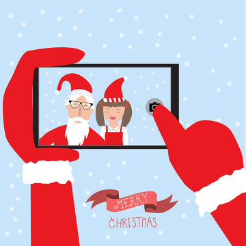 Hipster santa claus and little girl selfie with smartphone for m