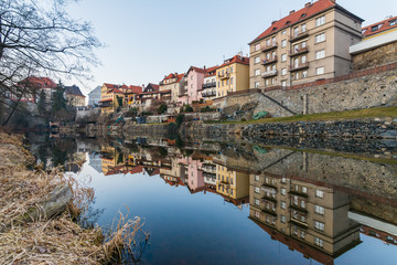 Fototapeta na wymiar Tradicional colorful houses in Cesky krumlov reflected in the river