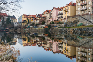 Fototapeta premium Tradicional colorful houses in Cesky krumlov reflected in the river