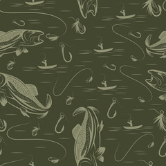 Seamless pattern on the subject of fishing. With fish, boat and