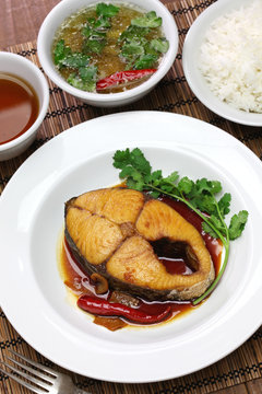 com ca thu kho, rice with king mackerel simmered in caramelized sauce, vietnamese cuisine