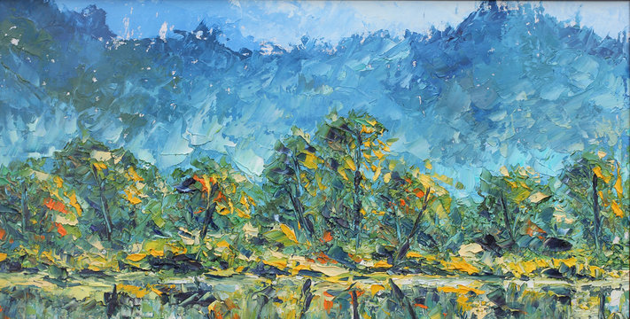 Autumn on the river bank, oil painting