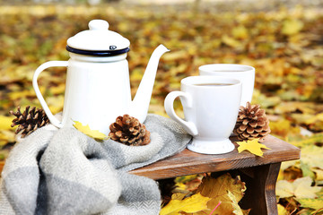 Autumn composition with hot beverage on nature background