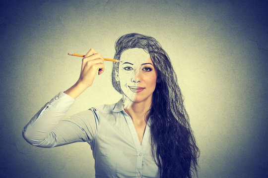 Beautiful Woman Drawing Self Portrait With Pencil