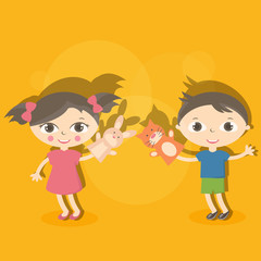 Illustration small kids with hand puppet toy. Vector