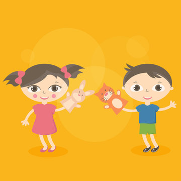 Illustration small kids with hand puppet toy. Vector