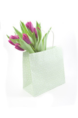 purple tulips in a gift bag