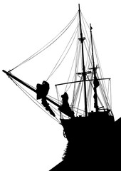 Silhouette of sailing ship on white background