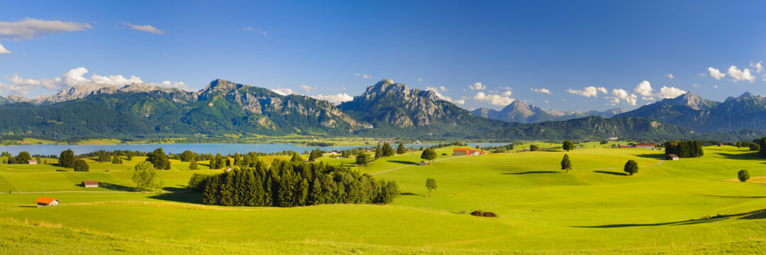 Panorama Landschaft in Bayern im Allgäu mit Forggensee