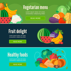 Collection of web banners with fruits and vegetables. Healthy food banner in flat style .EPS 10
