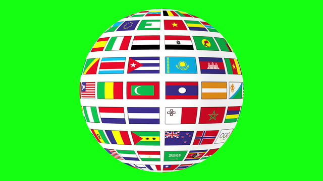 Rotating sphere with world flags isolated on green screen